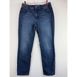 Chicos So Slimming Blue Straight Leg Ankle Jeans Side Zip Hem Medium Wash Size 1